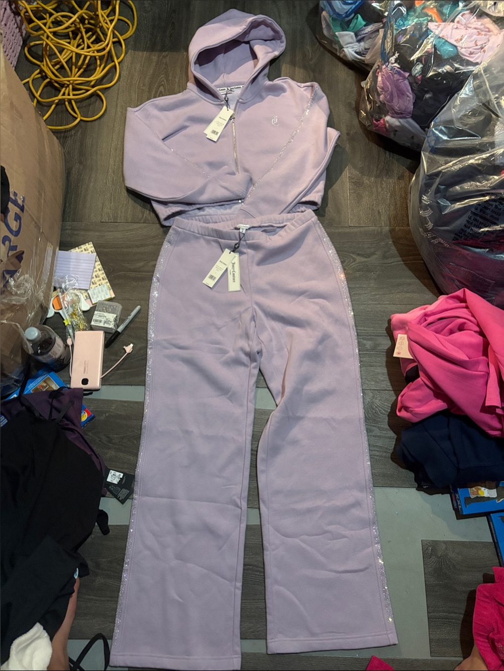 Juicy Couture Lavender Hooded Zip Jacket & WideLeg Track Pants LG top Med Bottom